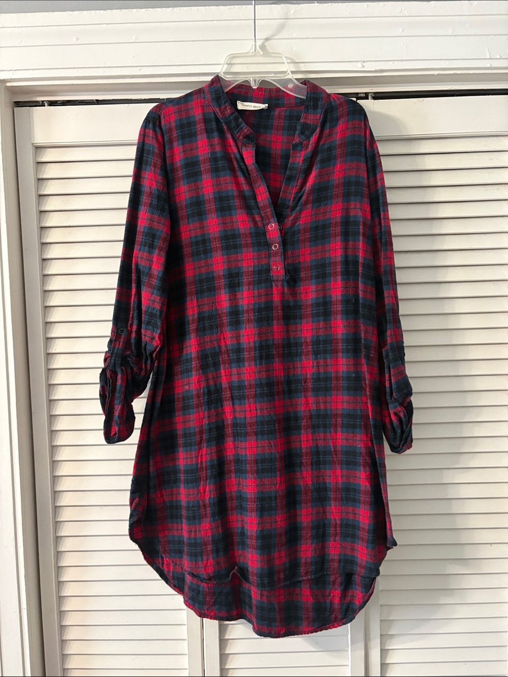 twenty second Red and Navy Plaid flannel Roll-Tab Tunic Dress